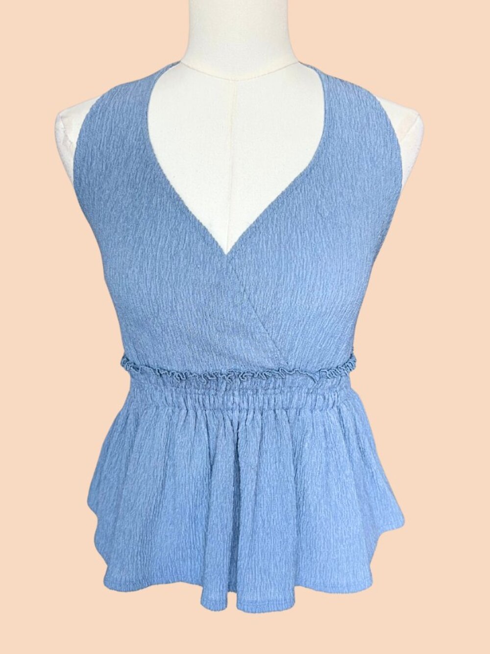 Express Light Blue Smocked Halter Peplum Top